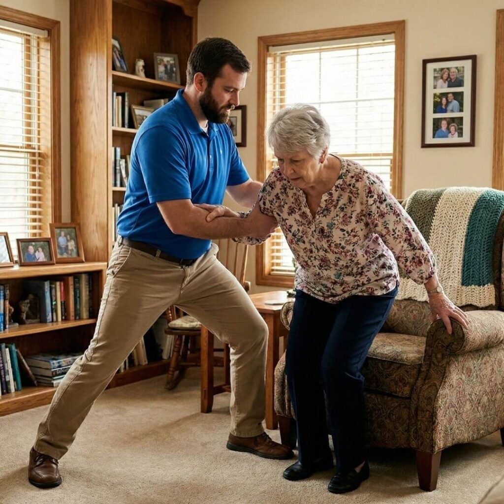 Providing physical stability during a sit-to-stand transfer. A caregiver using proper body mechanics to steady an older woman as she stands up from a chair.