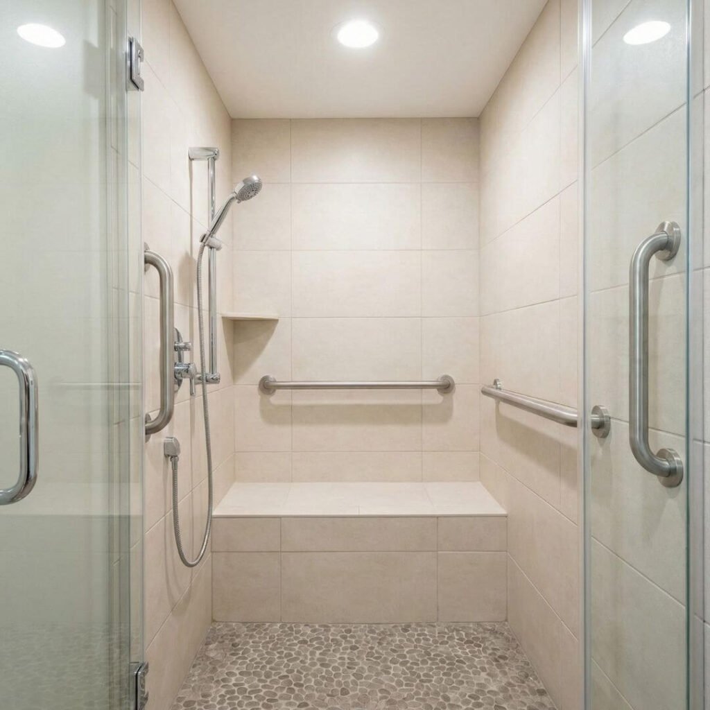 A residential bathroom modified for accessible and safe bathing. An accessible home shower featuring grab bars, a built-in bath bench, and a handheld showerhead.