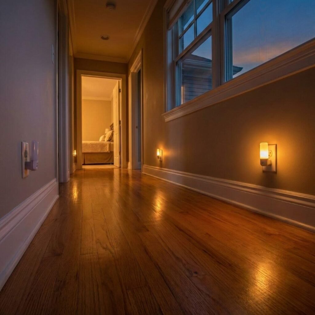 A dark hallway illuminated by low-level nightlights, showing a clear path free of clutter.