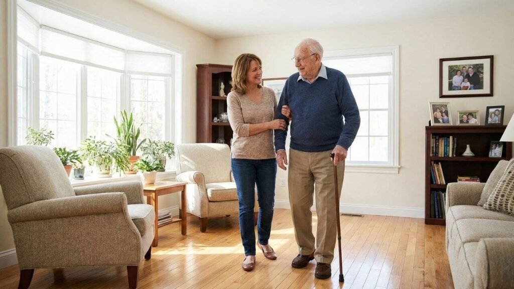 A younger family member gently supporting an elderly man with a cane as they walk through a sunny living room.