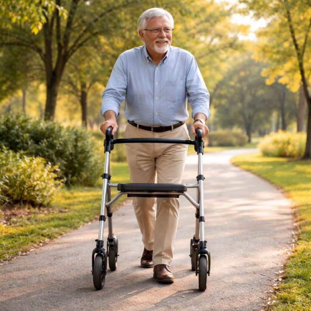  Older man walking outdoors with a rollator walker