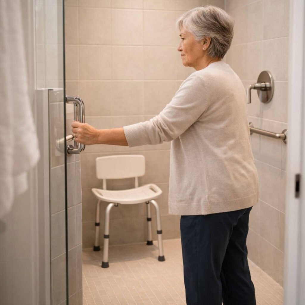 Senior woman using a grab bar in a safe bathroom