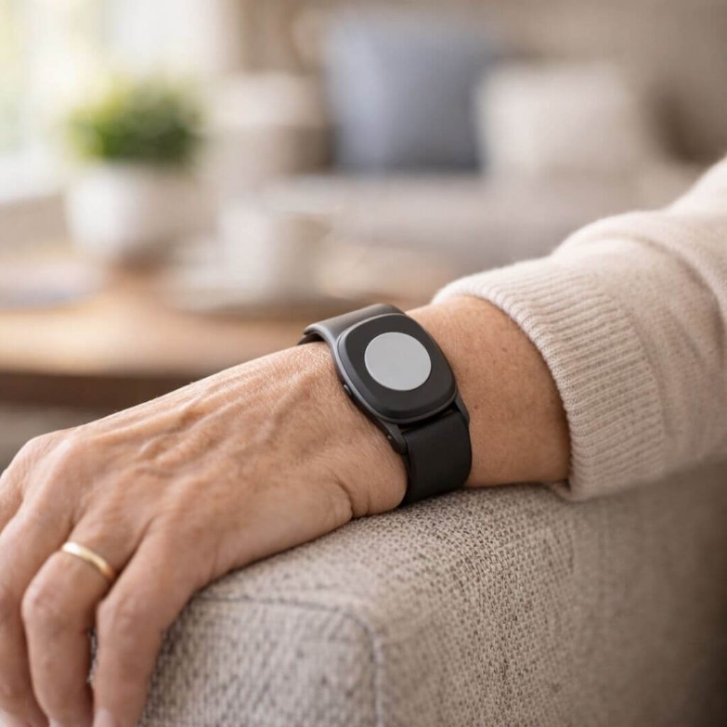 Senior wearing a medical alert watch at home