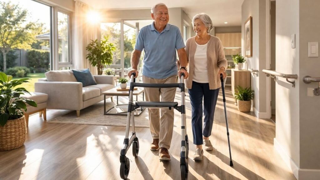Elderly couple walking indoors using mobility devices for the elderly in a bright modern home
