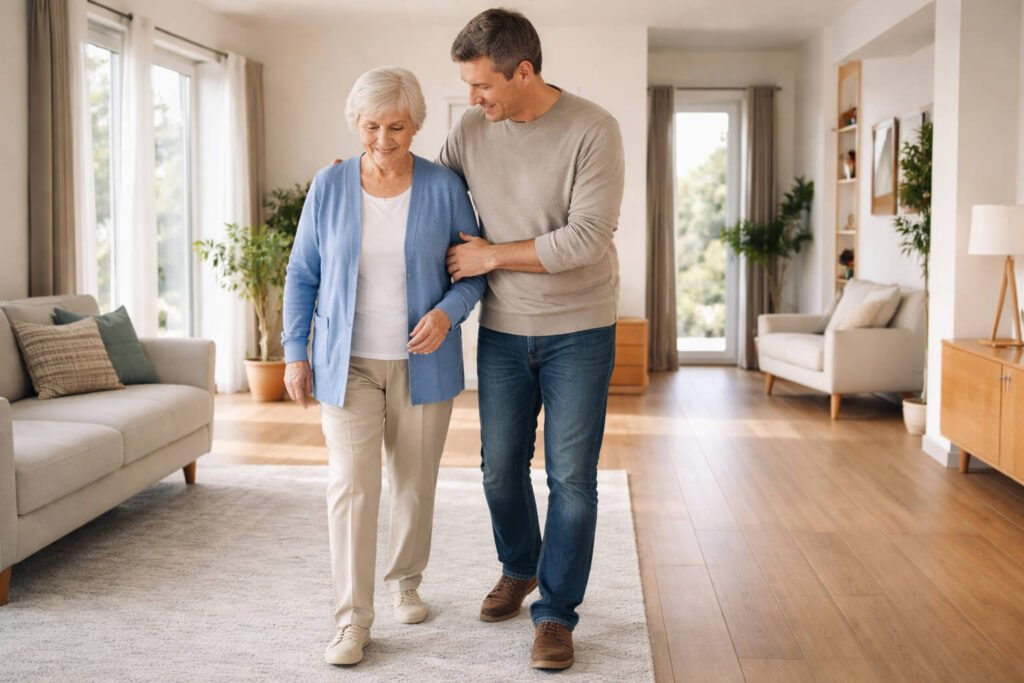 Family supporting an elderly parent experiencing reduced mobility at home