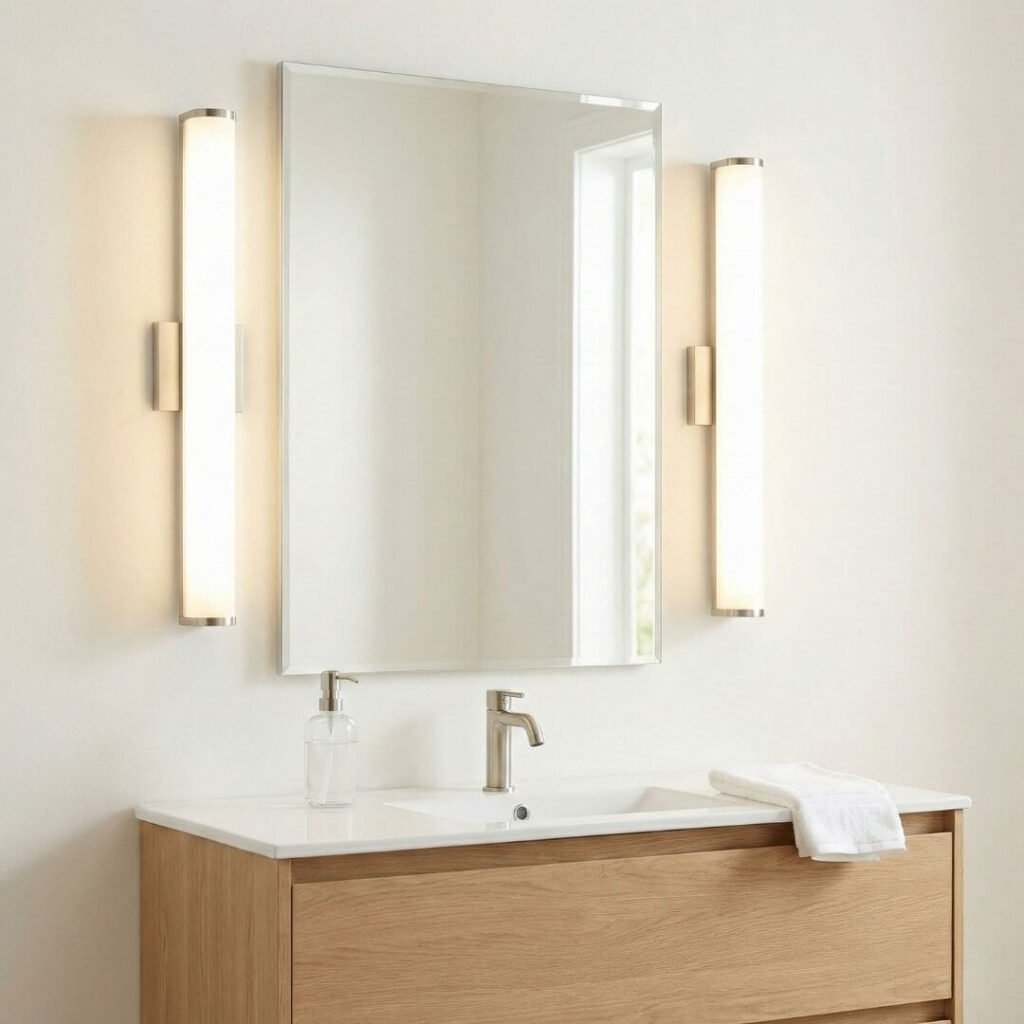 A photo of a bathroom vanity with long, vertical LED light fixtures mounted flanking a large mirror, casting bright, even light across the sink area without creating shadows.

