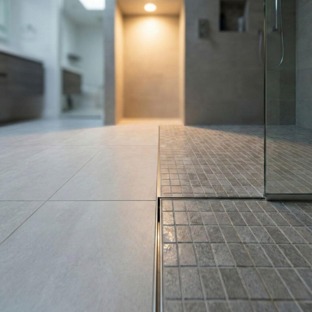 A photograph showing the level transition from large-format main bathroom floor tiles to smaller, slip-resistant tiles inside a curbless walk-in shower area, with no step or lip to cross.