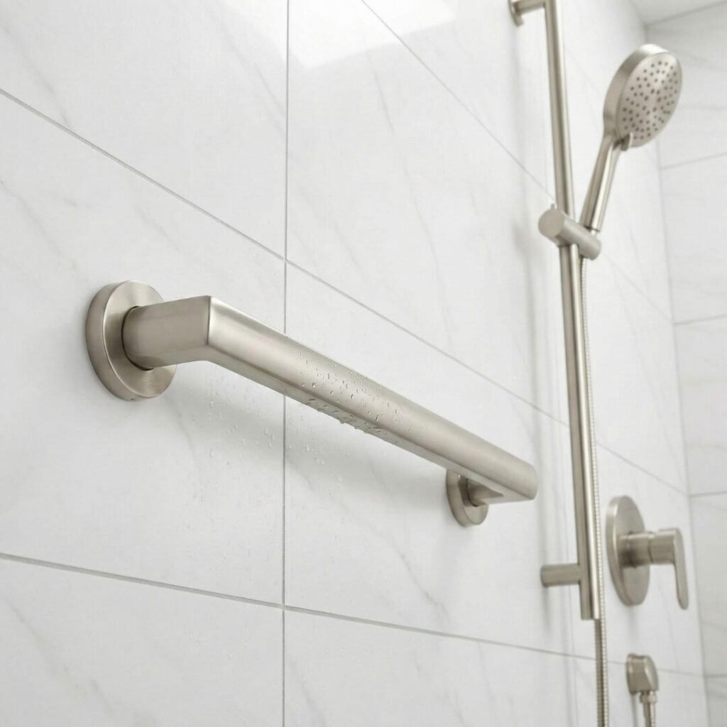 Senior friendly bathroom designs featuring integrated grab bars