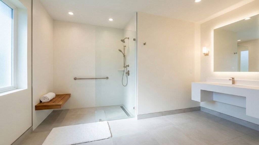 A wide-angle landscape photograph of a modern, inclusive bathroom featuring a curbless walk-in shower with a built-in bench, stylish grab bars that match the fixtures, a wall-mounted sink with open space underneath, and bright, layered lighting.