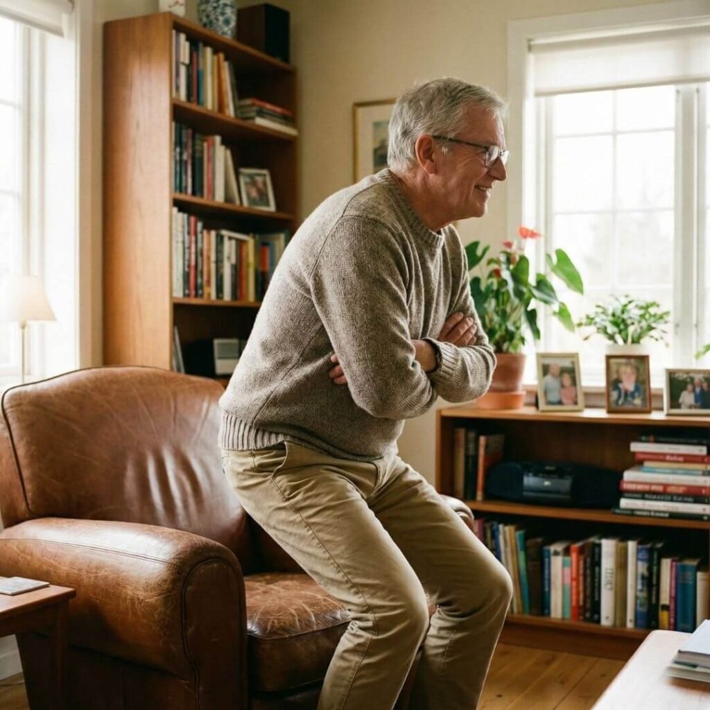 A senior man practicing the sit-to-stand exercise from a sturdy chair. 