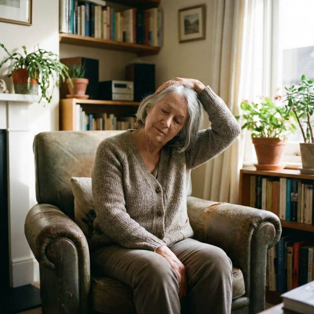  A senior woman doing a gentle neck stretch while seated.