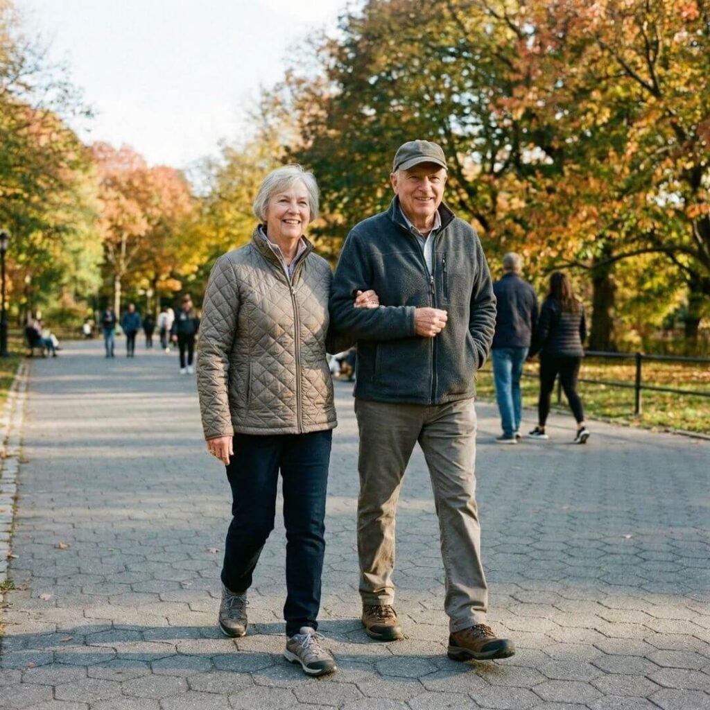A senior couple enjoying a daily walk together in a park.