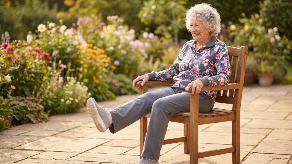 A smiling senior woman doing a seated knee extension exercise outdoors. 
