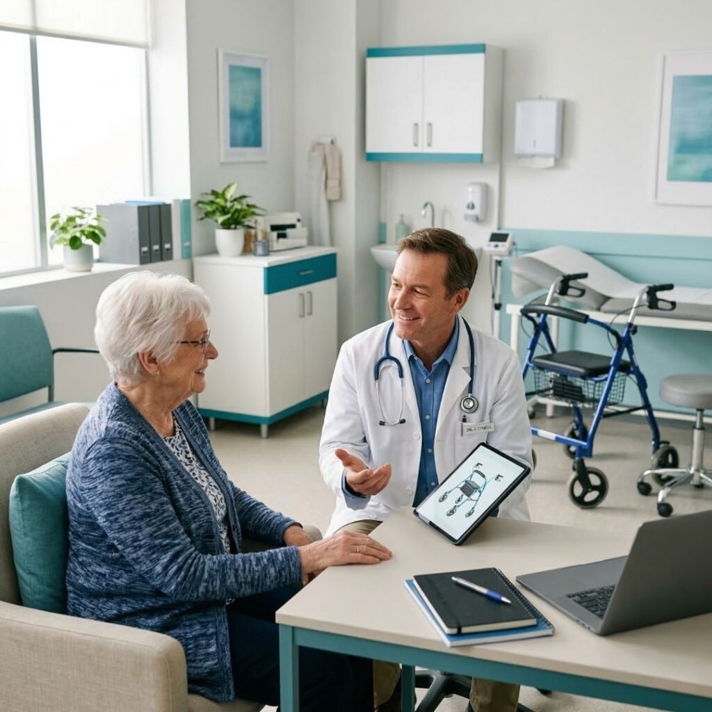 Physician consulting with senior patient about outdoor walker options Physician consulting with senior patient about outdoor walker options