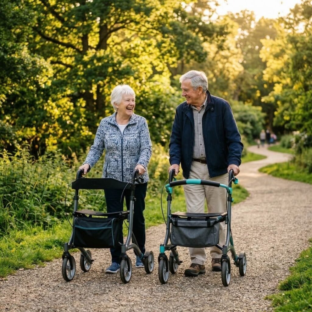 Elderly couple walking on gravel path using outdoor rollators Elderly couple walking on gravel path using outdoor rollators