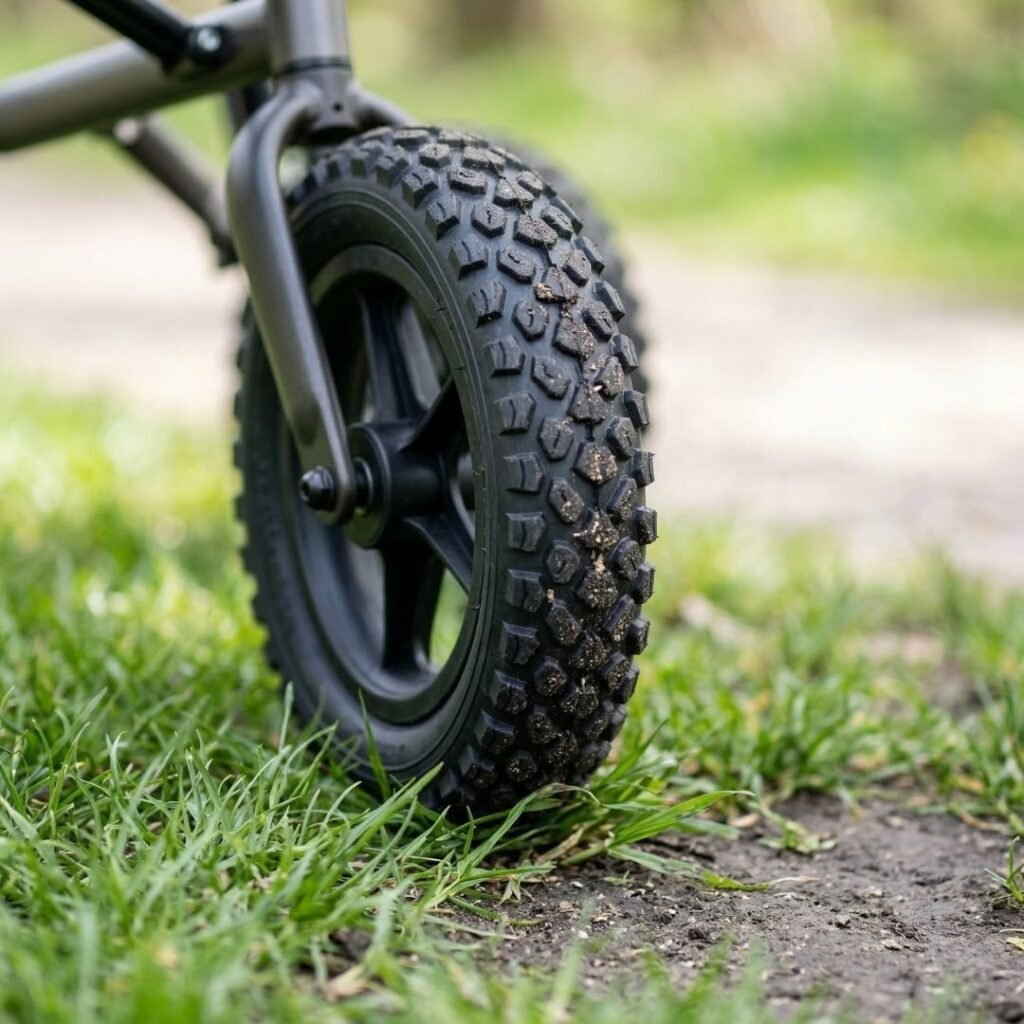 Close-up of large pneumatic wheels on an outdoor walker rolling over grass Close-up of large pneumatic wheels on an outdoor walker rolling over grass