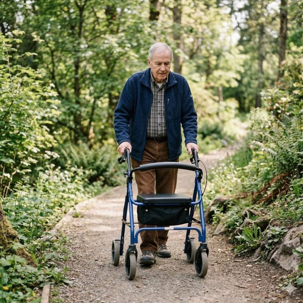 Senior man using a walker with hand brakes on an outdoor trail Senior man using a walker with hand brakes on an outdoor trail