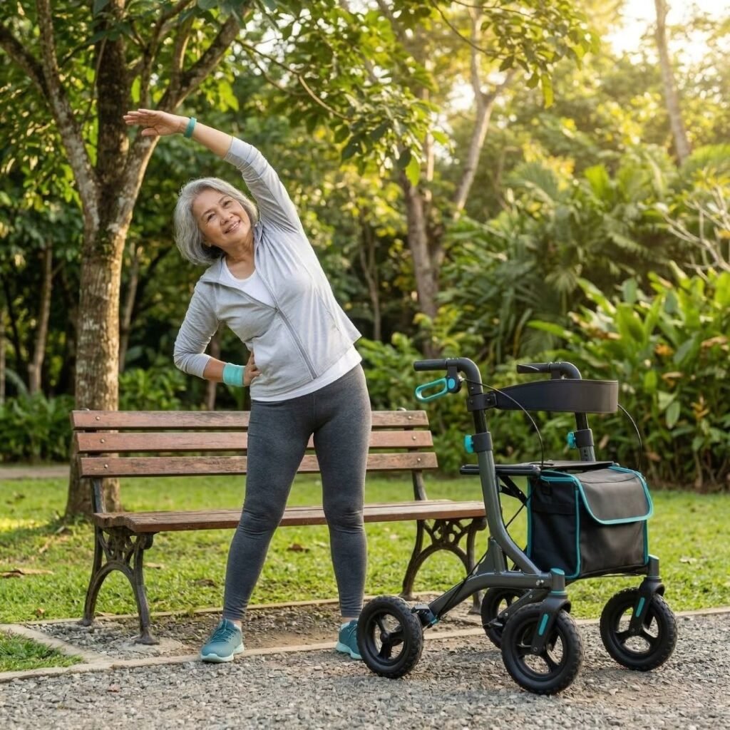 Senior stretching outdoors before a walk with an all-terrain rollator nearby Senior stretching outdoors before a walk with an all-terrain rollator nearby