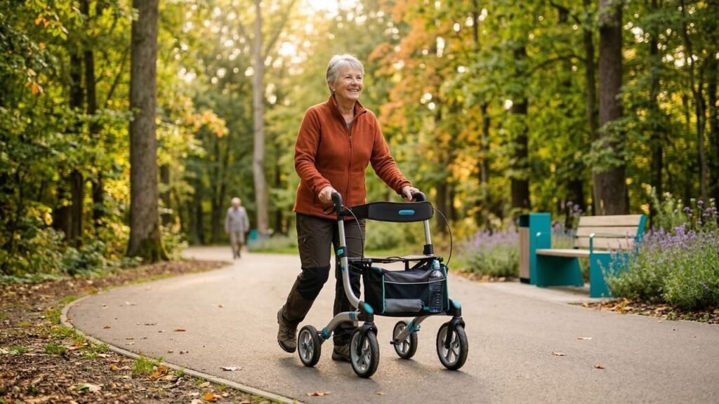 A senior woman navigating a park trail surrounded by trees, demonstrating the outdoor stability of all-terrain walkers for seniors.