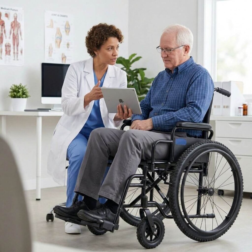 Doctor discussing outdoor mobility options with a wheelchair user