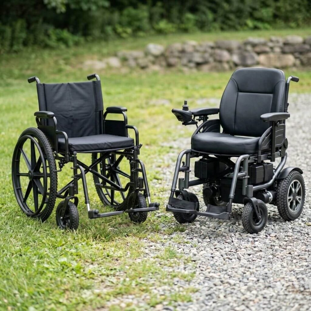 Manual and electric all-terrain wheelchairs shown side by side outdoors