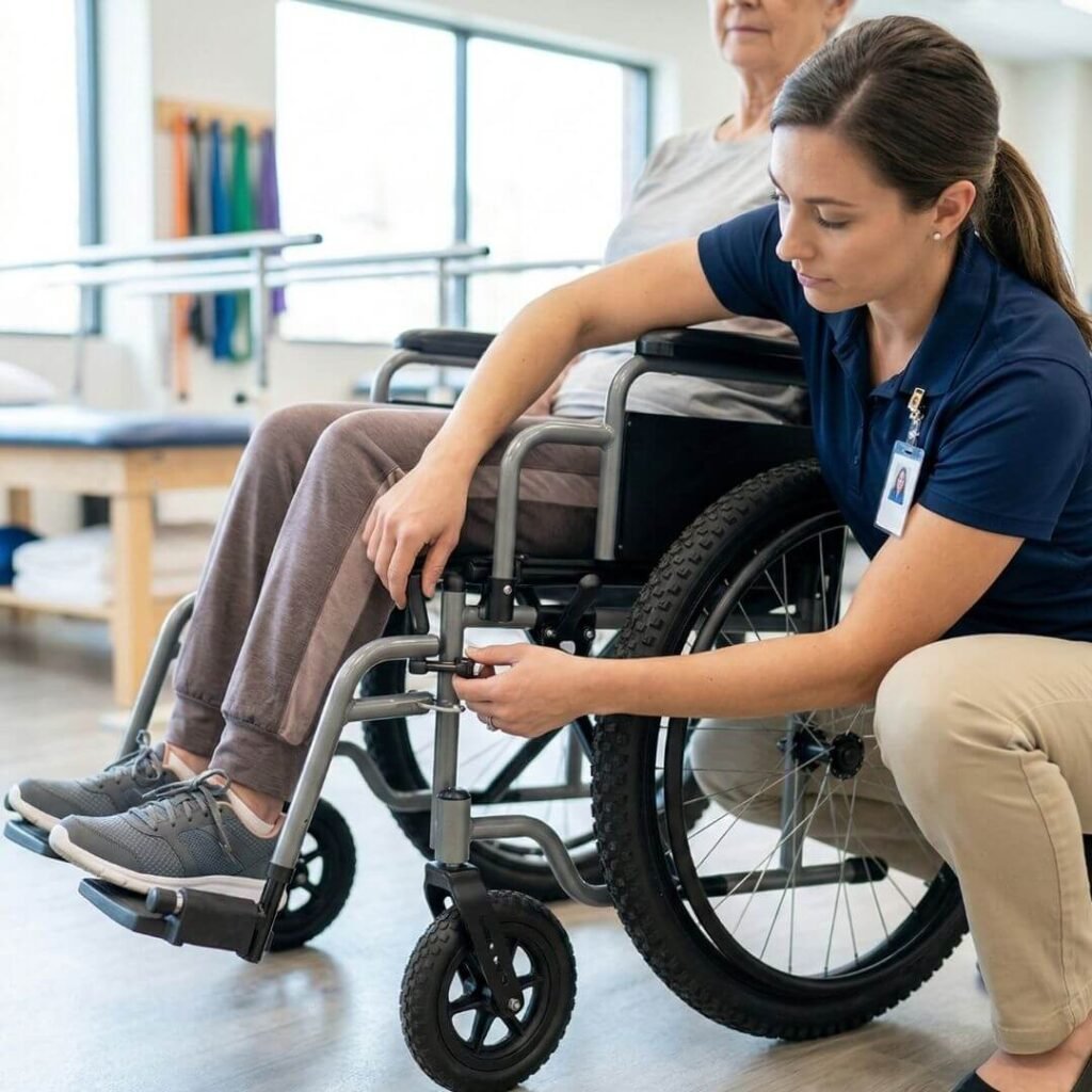 Physical therapist adjusting an all-terrain wheelchair for proper fit