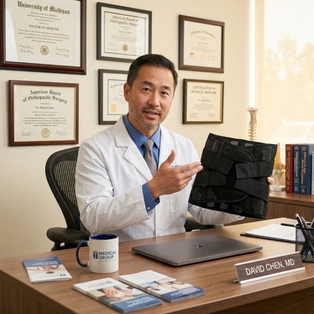 Physician explaining how to choose the right back support brace for caregiving