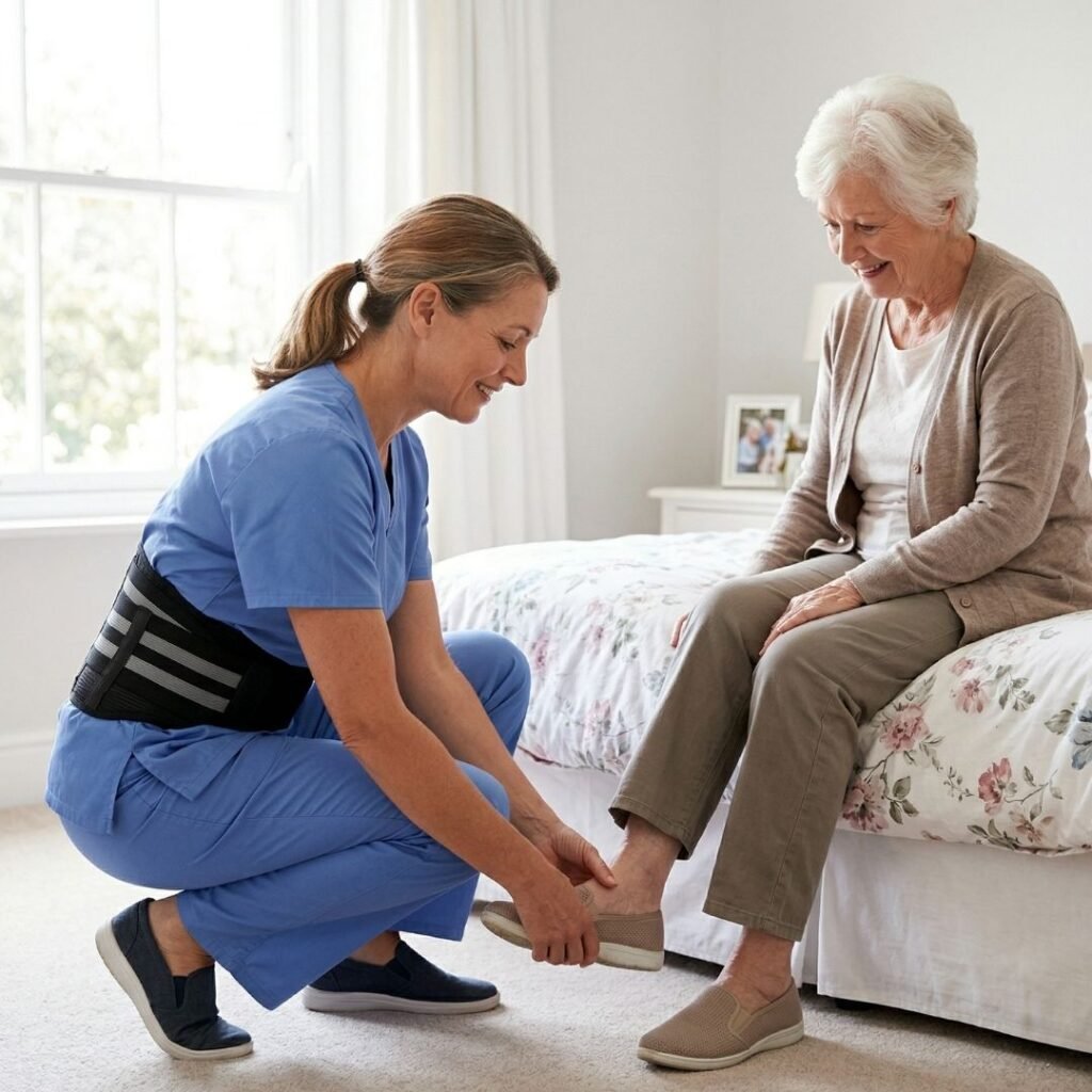 Caregiver wearing a lumbar belt while assisting an elderly person with daily tasks