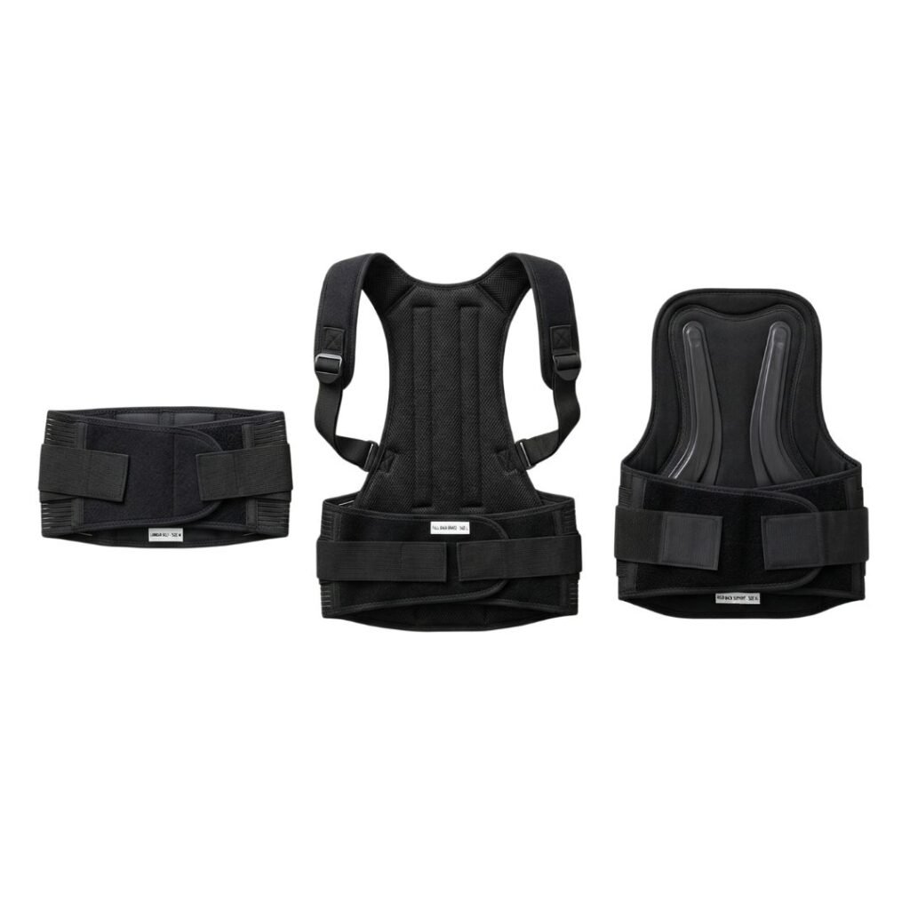 Three types of back support braces compared — lumbar belt, full-back brace, and rigid support