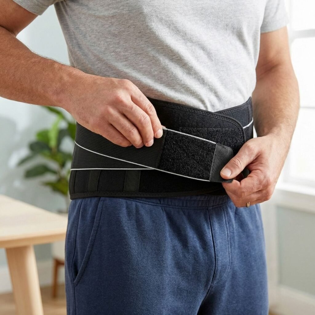 Person adjusting a lumbar support brace for proper fit and safety