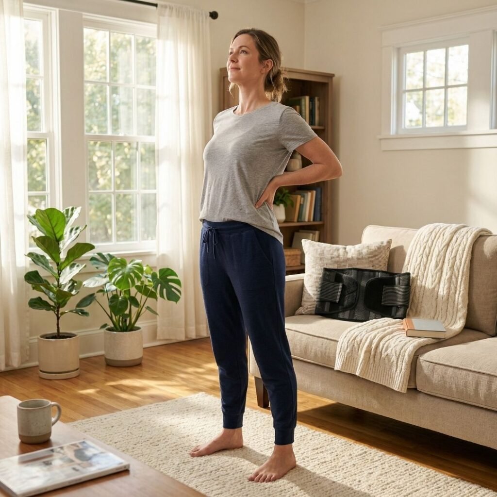 Caregiver stretching at home alongside a back support brace for long-term spine health