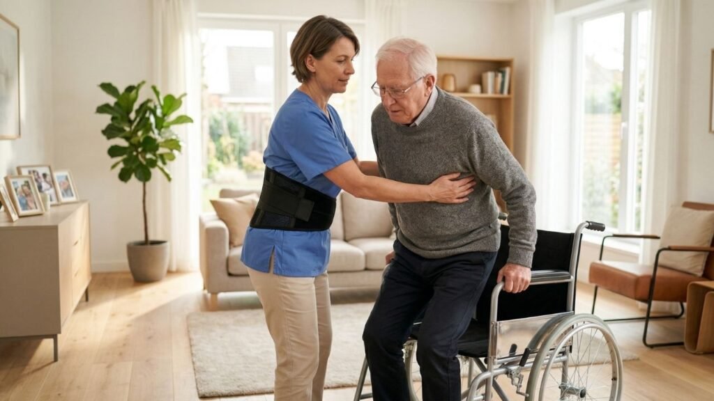 A caregiver assisting an elderly patient at home, demonstrating the everyday use of back support braces for caregivers.