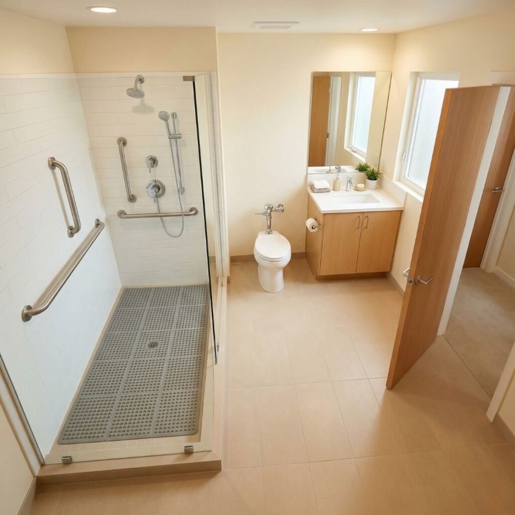Three Pillars of Bathroom Safety for Seniors Senior bathroom with non-slip flooring, grab bars, and clear pathway showing the three pillars of safety