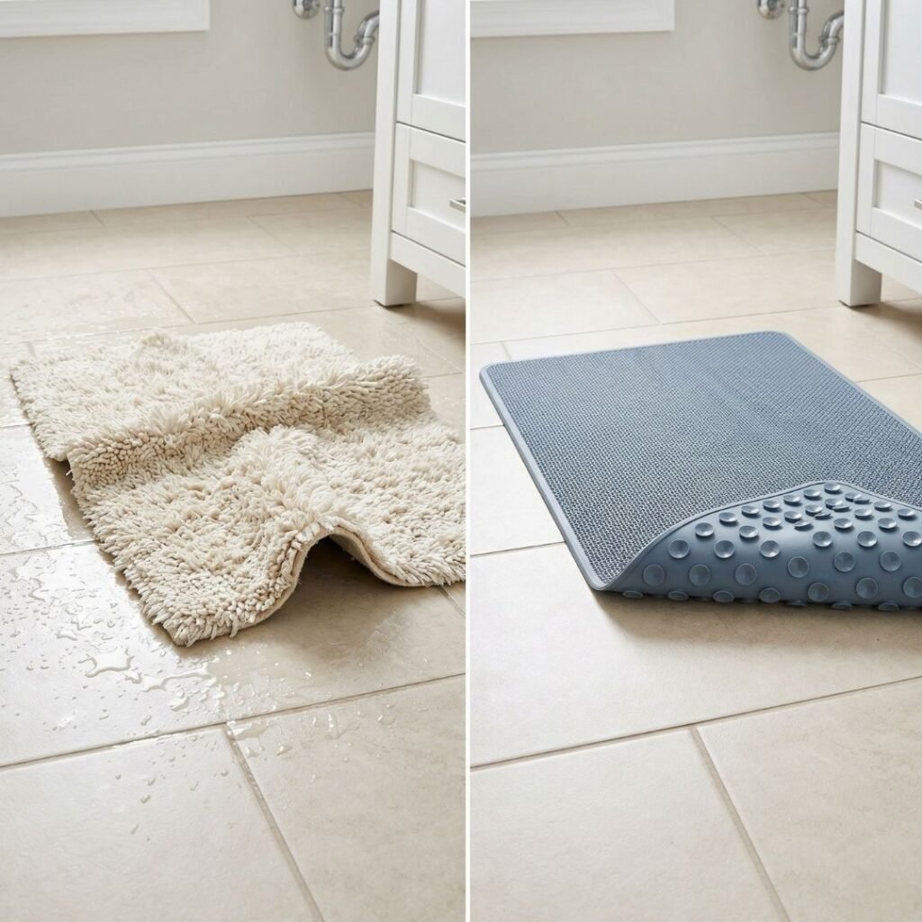 Non-Slip Bathroom Flooring for Elderly Safety Comparison of a loose decorative bath mat versus a properly secured non-slip mat on a bathroom floor