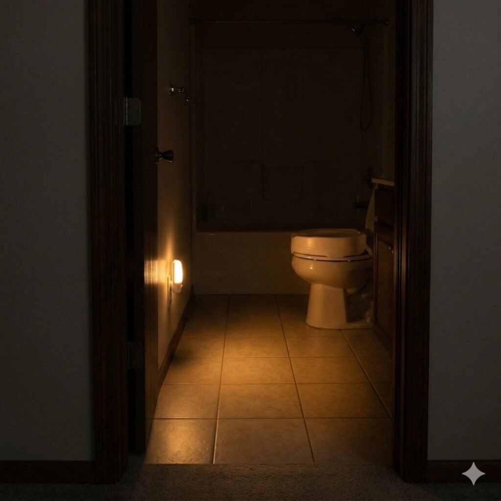 Softly lit bathroom at night with a motion-sensor night light illuminating the path from door to toilet Softly lit bathroom at night with a motion-sensor night light illuminating the path from door to toilet