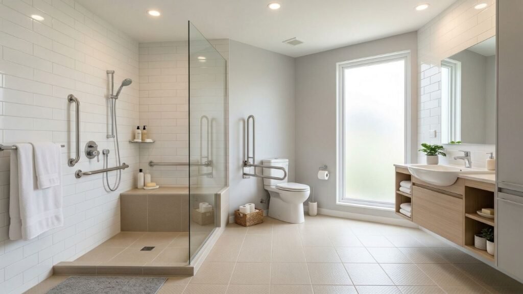 Bright, well-organized bathroom designed with safety features for elderly residents