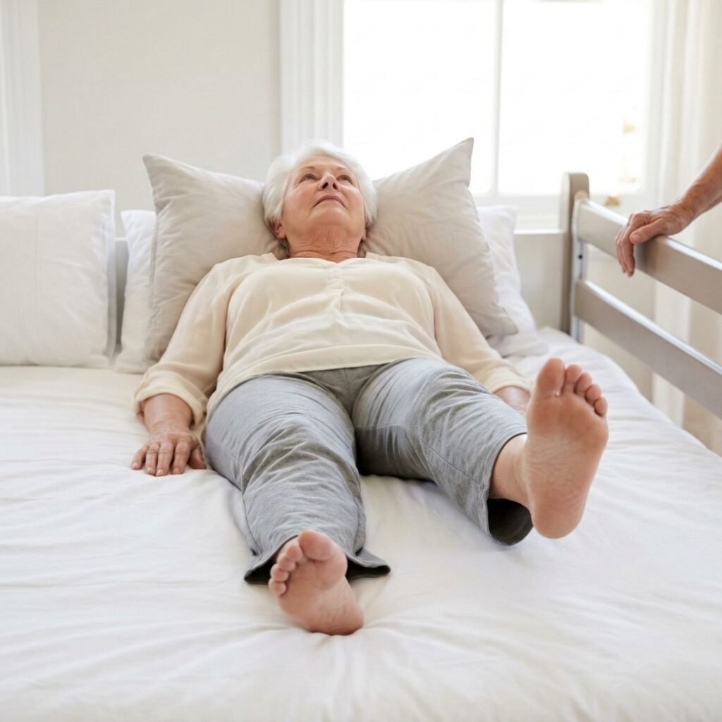 Elderly woman performing an ankle rotation exercise while lying in bed