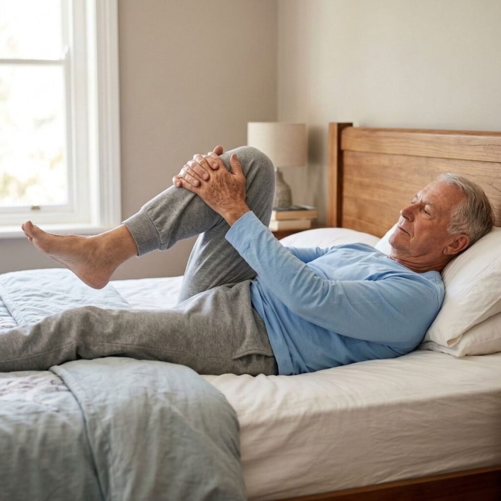 Senior man doing a knee-to-chest stretch while lying in bed 