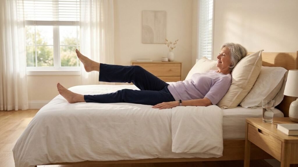 Bed exercises for elderly — senior woman performing a gentle leg lift exercise while lying in bed at home