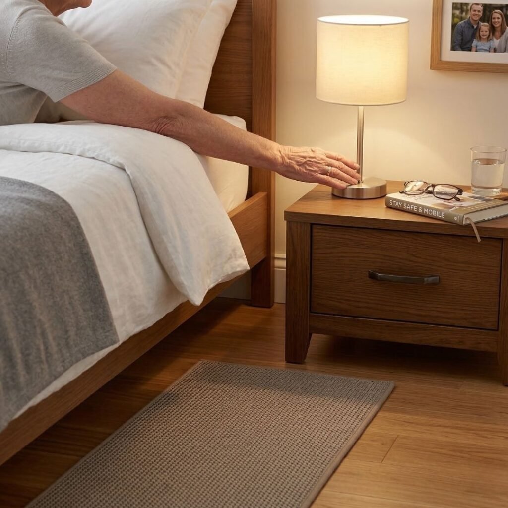 Low-profile bed with non-slip mat and touch-activated lamp for elderly bedroom safety