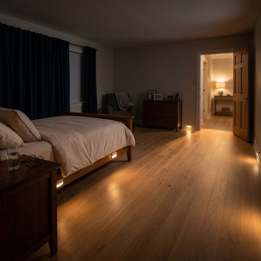 Motion sensor night lights illuminating a clear bedroom walkway for elderly fall prevention