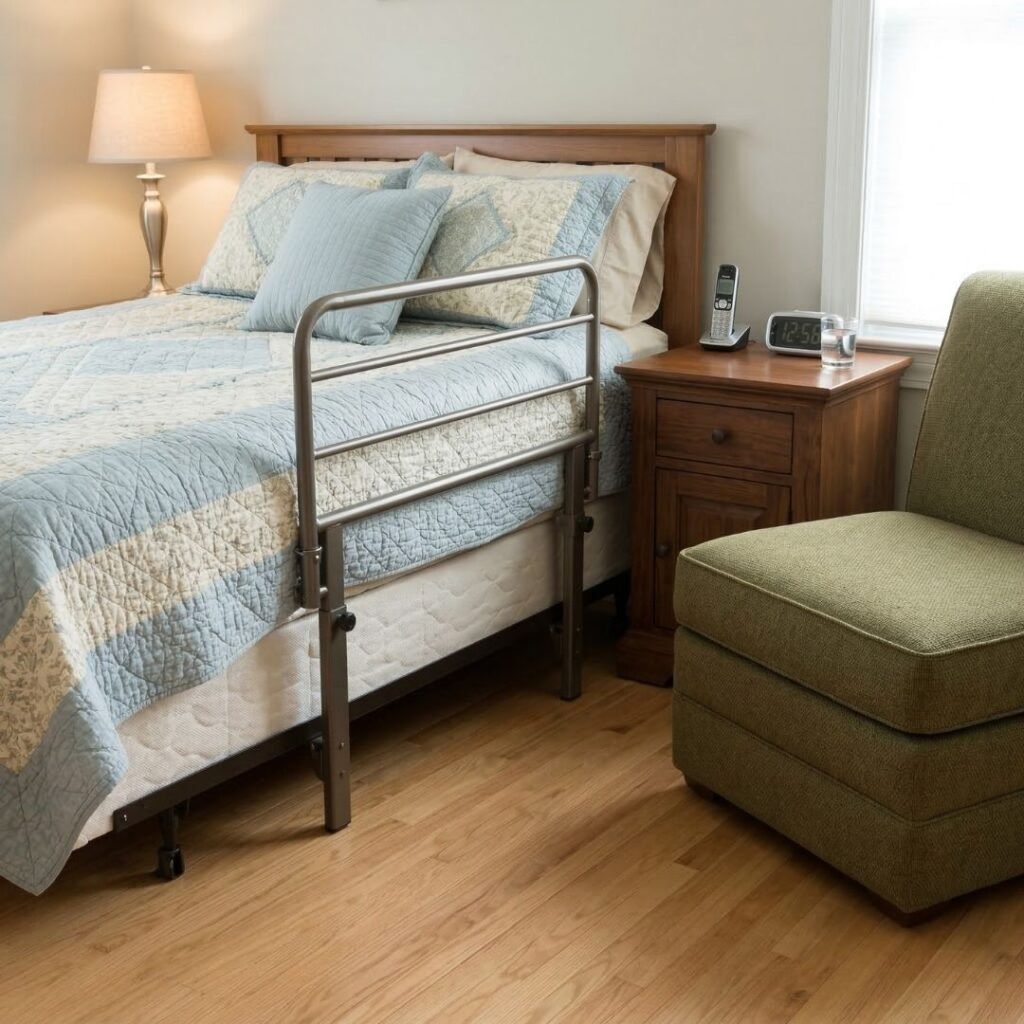 Bedroom safety modifications for seniors including a bed rail and firm chair for support