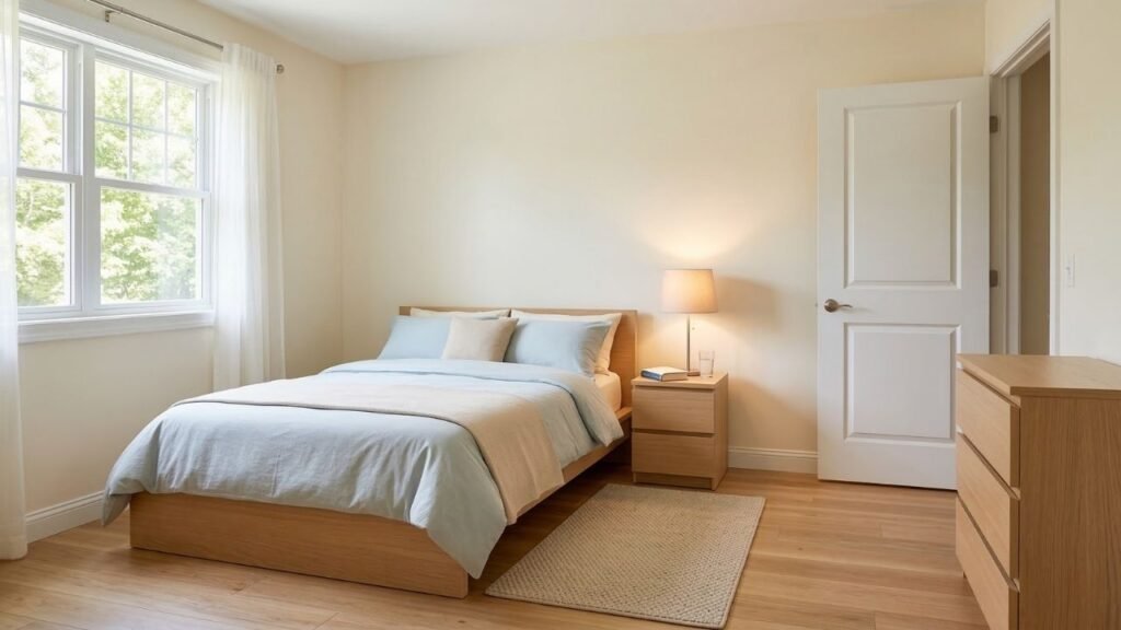 Bedroom safety for seniors showing a well-organized bedroom layout with clear walking paths and proper lighting