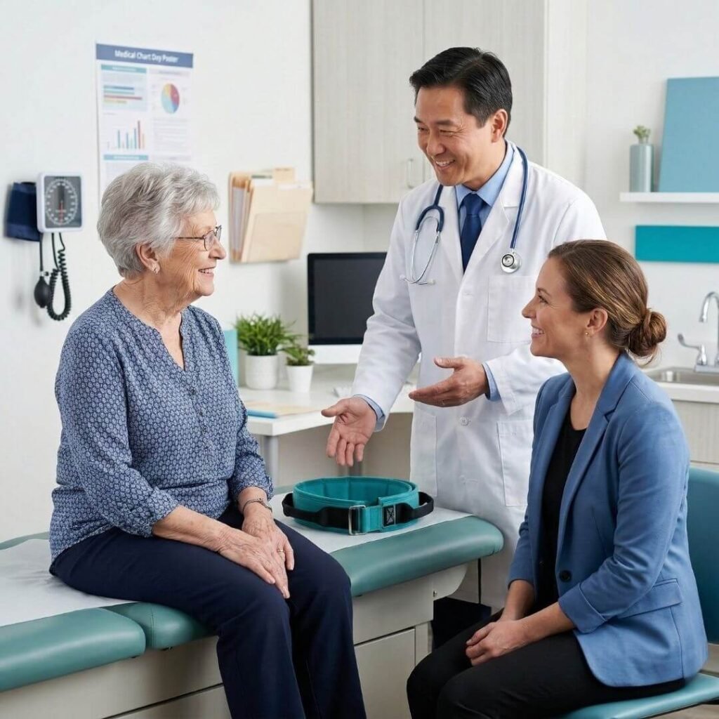 Doctor recommending a gait belt to an elderly patient and her caregiver during a medical consultation 