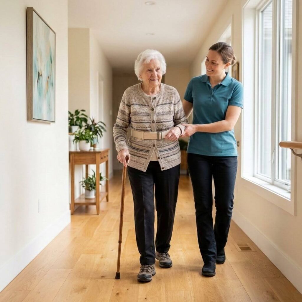 Elderly woman walking with caregiver support using a gait belt in a well-lit home hallway 
