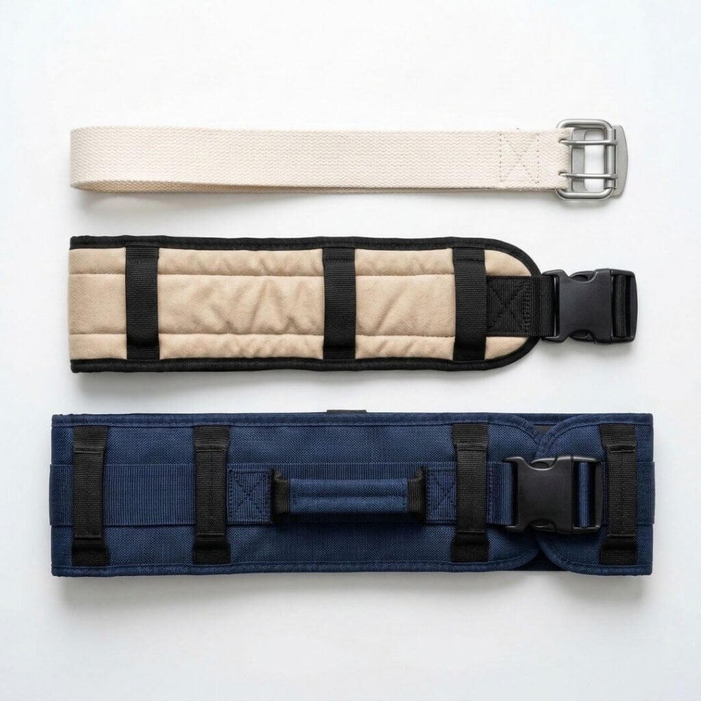 Three different types of gait belts displayed on a white surface showing standard, padded, and handled variations 