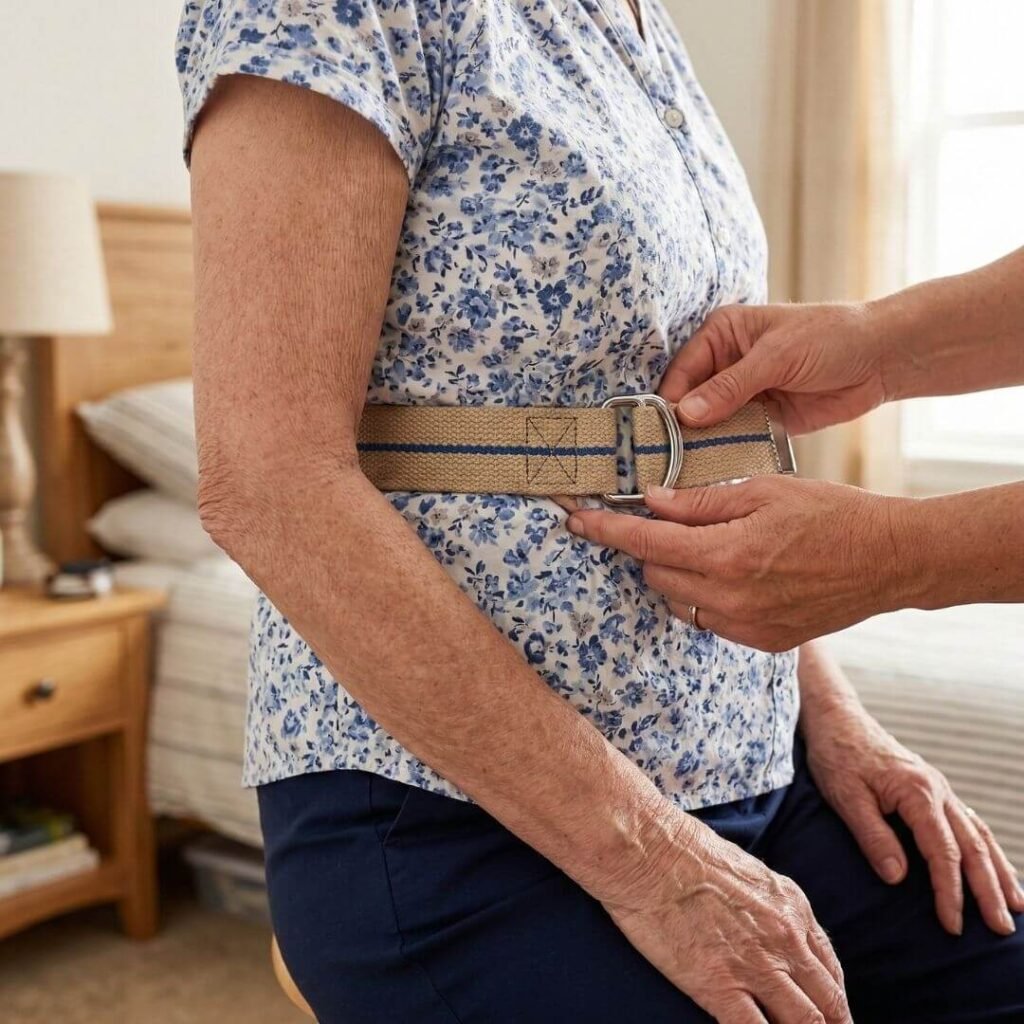 Caregiver properly fastening a gait belt around an elderly person's waist with correct two-finger spacing 