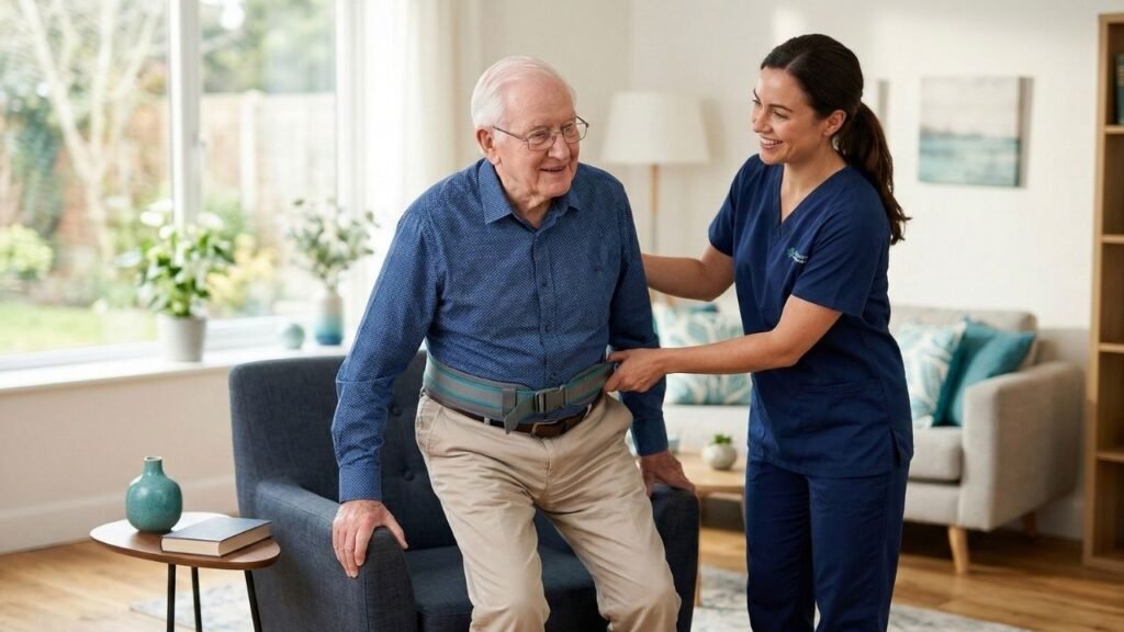 Best gait belts for elderly — caregiver helping a senior man stand safely using a gait belt in a bright home setting 
