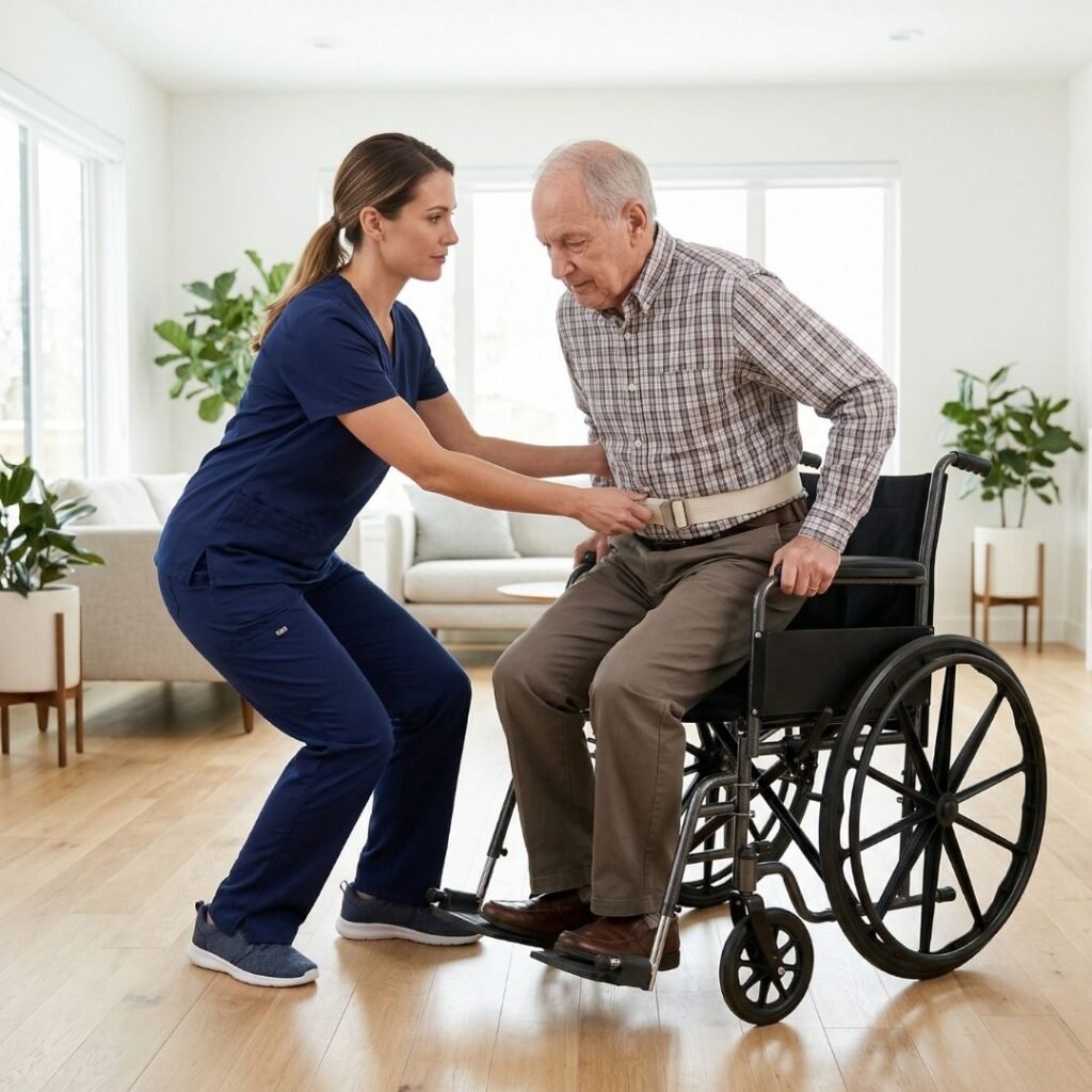 Caregiver using proper body mechanics to lift an elderly person from a wheelchair