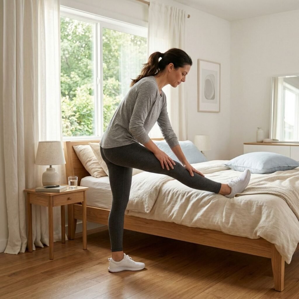 Caregiver performing a gentle hamstring stretch at home to relieve back tension